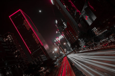 Hong Kong city street traffic in the evening and at night. Red and white car lights long exposure....