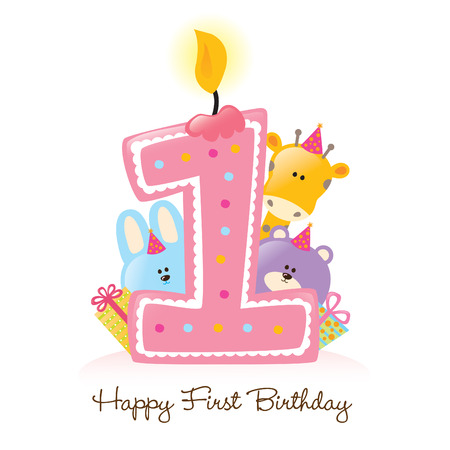 Happy First Birthday Candle and Animals (Isolated on white)のイラスト素材
