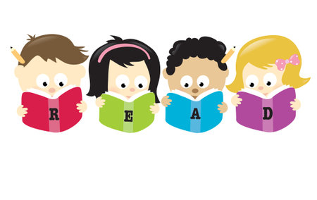 Diverse students reading books, isolatedのイラスト素材