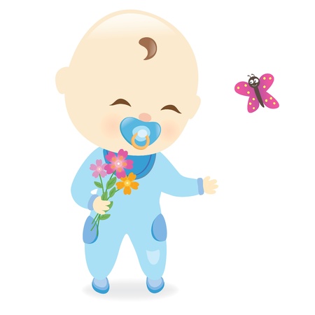 Baby boy holding flowersのイラスト素材