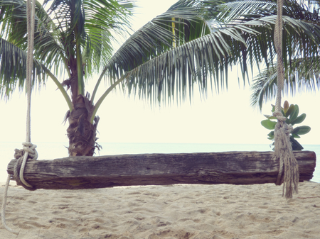 wooden bench with ropes front of beach background 3d illustrationの写真素材