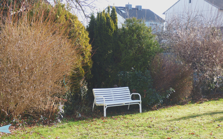 winter autumn garden bench cold dayの写真素材