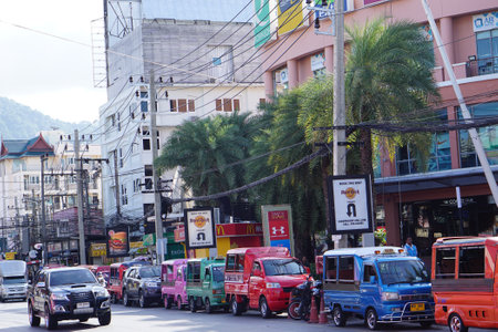 editorial illustrative many Tuk Tuks at center of Patong Phuket Thailand near Bangla Road in June 2017のeditorial素材
