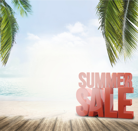 summer beach and ocean horizon with tropical palm leaves 3d renderingの写真素材