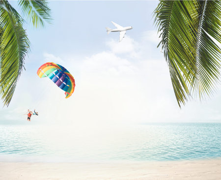 summer beach and ocean horizon with tropical palm leaves 3d renderingの写真素材