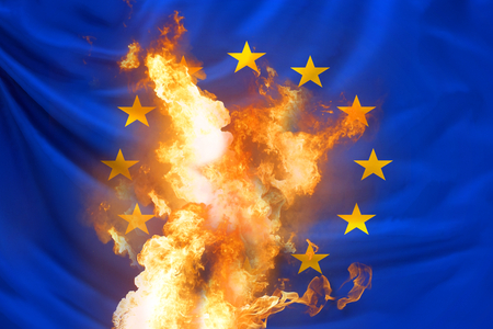 Europe flag with fire and flames 3d renderingの写真素材