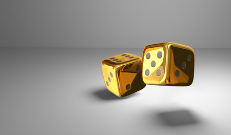 two  golden metallic dice 3d renderの写真素材
