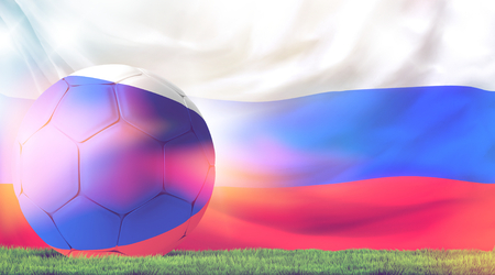 Russia design soccer football ball 3d rendering with green grass meadow blades of grass and russian flagの写真素材