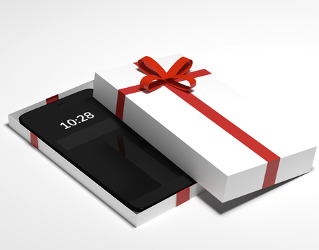 mobile phone smartphone in gift box with red bow 3d renderingの写真素材