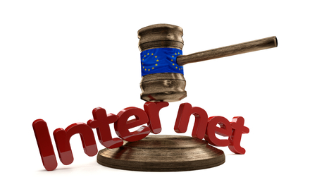 flag of Europe on wooden judge gavel with bold letters Internet 3D-Illustrationの写真素材