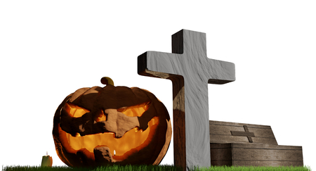 halloween pumpkin cross grave coffin 3d-illustrationの写真素材
