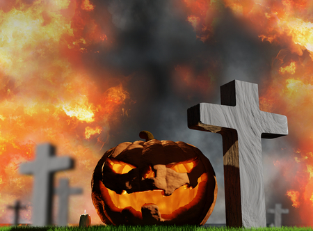 halloween pumpkin at graveyard with grave crosses 3d-illustrationの写真素材