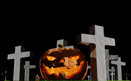 halloween pumpkin at graveyard with grave crosses 3d-illustrationの写真素材