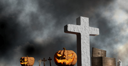 halloween graveyard coffin and pumpkins 3d-illustrationの写真素材