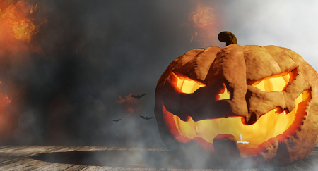 Halloween pumpkin background with fire flames and smoke 3d-illustrationの写真素材
