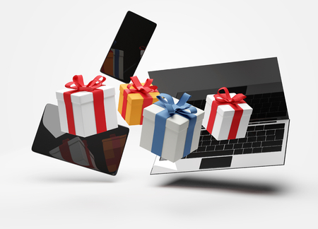 notebook desktop with smartphone with tablet computer gifts 3d-illustrationの写真素材
