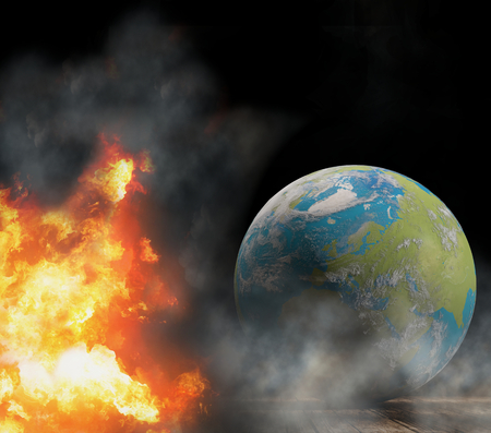 state of emergency with world globe focused at Europe with fire flames and smoke 3d-illustration.の写真素材