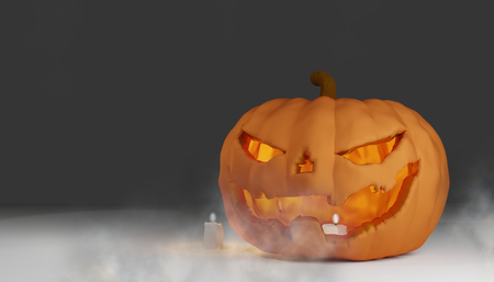 halloween orange pumpkin with fog and candle light 3d-illustrationの写真素材