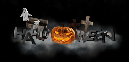 Halloween pumpkin with ghost graveyard bold letters 3d-illustrationの写真素材