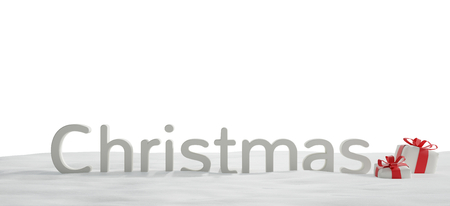 christmas bold letters with presents in snow 3d-illustration isolated backgroundの写真素材