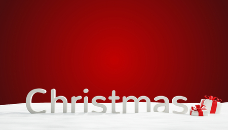 christmas bold letters with presents in snow 3d-illustration red backgroundの写真素材