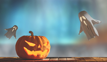 Halloween fog background 3d-illustration with halloween pumpkin and ghostsの写真素材