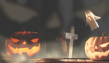 Halloween background 3d-illustration with halloween pumpkin ghosts graveyardの写真素材