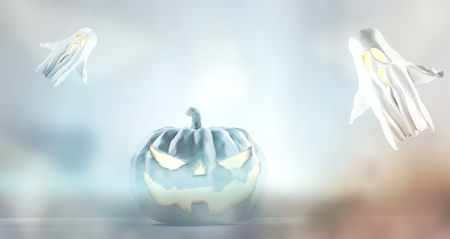Halloween fog background 3d-illustration with halloween pumpkin and ghostsの写真素材