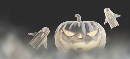 white Halloween 3d-illustration Halloween pumpkin with ghostsの写真素材