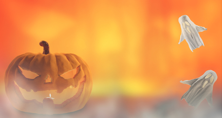 orange Halloween 3d-illustration Halloween pumpkin with ghostsの写真素材
