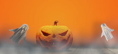 Halloween background 3d-illustration Halloween pumpkin and ghostsの写真素材