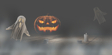 Halloween fog mist background Halloween pumpkin and ghosts 3d-illustrationの写真素材