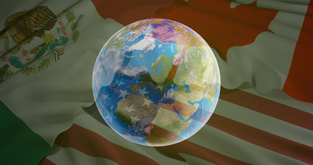 world planet earth globe and flag of USA Canada Mexico 3d-illustration.の写真素材
