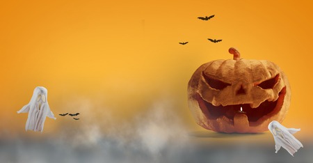 Halloween pumpkin and ghost 3d-illustrationの写真素材