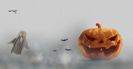 Halloween pumpkin and ghost and fog 3d-illustrationの写真素材
