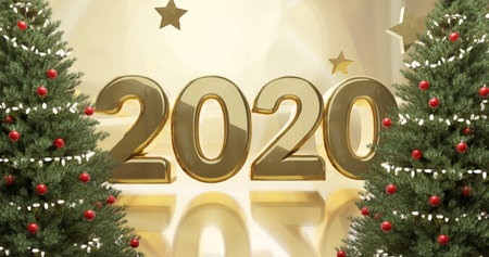 2020 golden design with christmas firs 3d-illustration