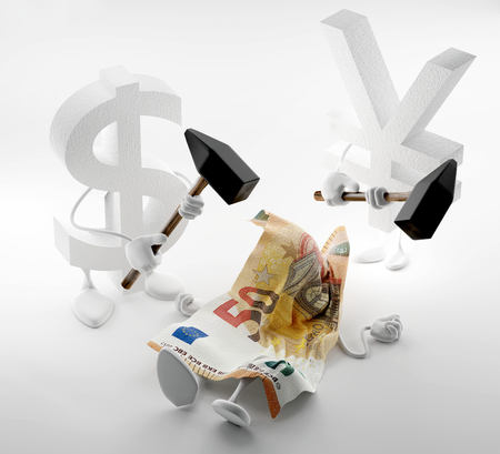 money concepts. falling Euro currency and fighting Yen and Dollar. 3d-illustrationの写真素材