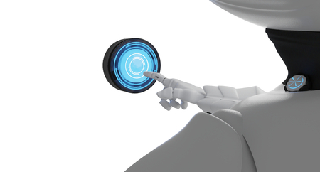 robot and blue button 3d-illustrationの写真素材