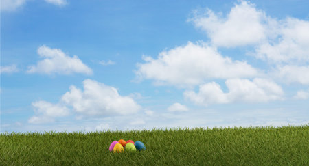 Easter eggs green grass field 3d-illustration