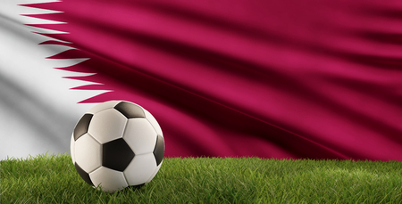 soccer ball green grass 3d-illustration and flag of Qatarの写真素材