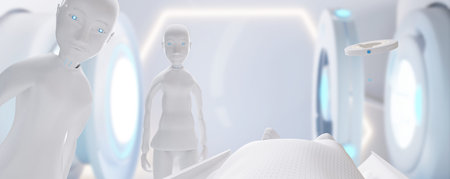 point of view. medical care. View from a bed on two robots and technological equipment...