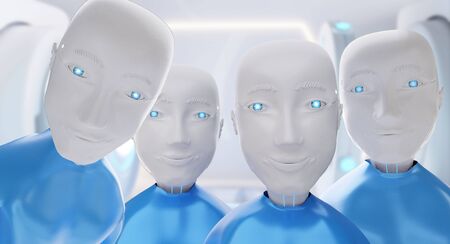 never seen before. analysis. Group of friendly happy robots looks very carefully 3d-illustrationの写真素材