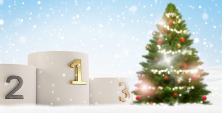 blurred christmas tree and podium top 3 3d-illustrationの写真素材