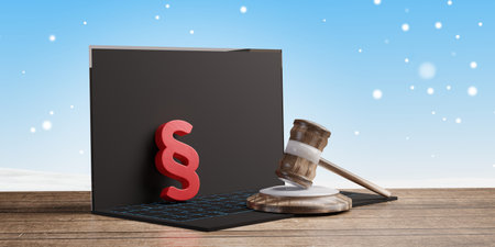 red paragraph and judge gavel in front of a winter background 3d-illustration