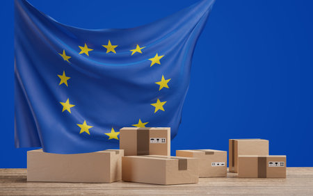 postal packages in front of a creative Europe flag background 3d-illustration