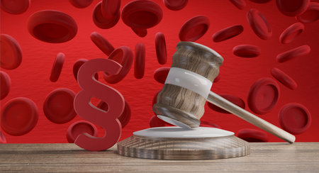 paragraph wooden judge gavel in front of red blood cells 3d-illustrationの写真素材