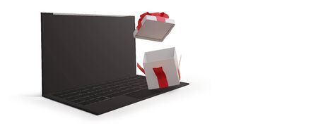 computer isolated on white background with opened surprise box 3d-illustrationの写真素材