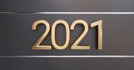 2021 golden thin letters on dark golden background 3d-illustrationの写真素材