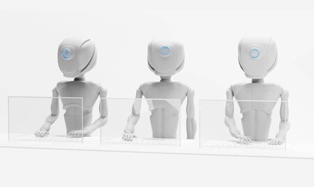 robot artificial intelligence with screen and keyboard on desk 3d-illustrationの写真素材