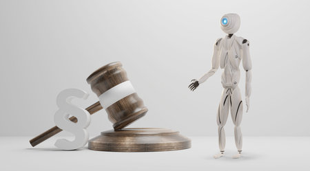paragraph with judge gavel and artificial intelligence robot white 3d-illustrationの写真素材